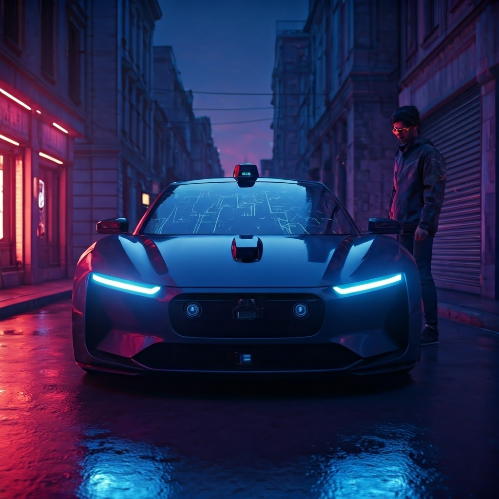 Person stepping into a neon-lit autonomous car, highlighting next-gen transport excitement