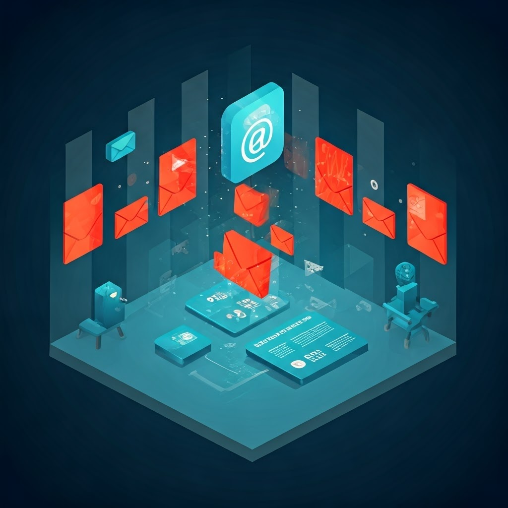 Isometric room where walls divert red spam envelopes from blue inboxes