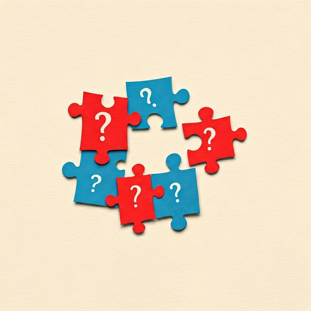 Hand-cut collage of puzzle pieces shaped like quantum particles, bright reds and blues surrounding a missing center piece, symbolizing an incomplete picture of nature.