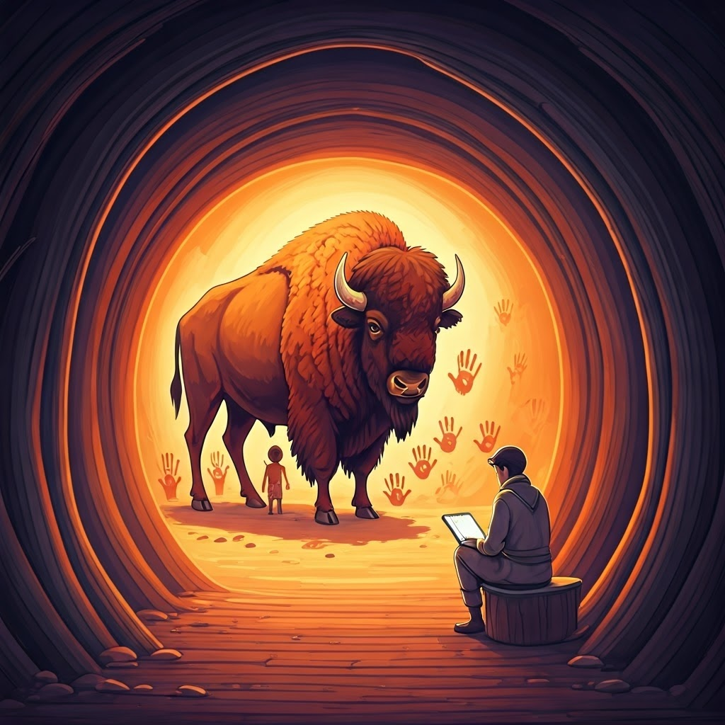 Children’s handprints surround a glowing bison, anthropologist sketches nearby, showing shared ritual.