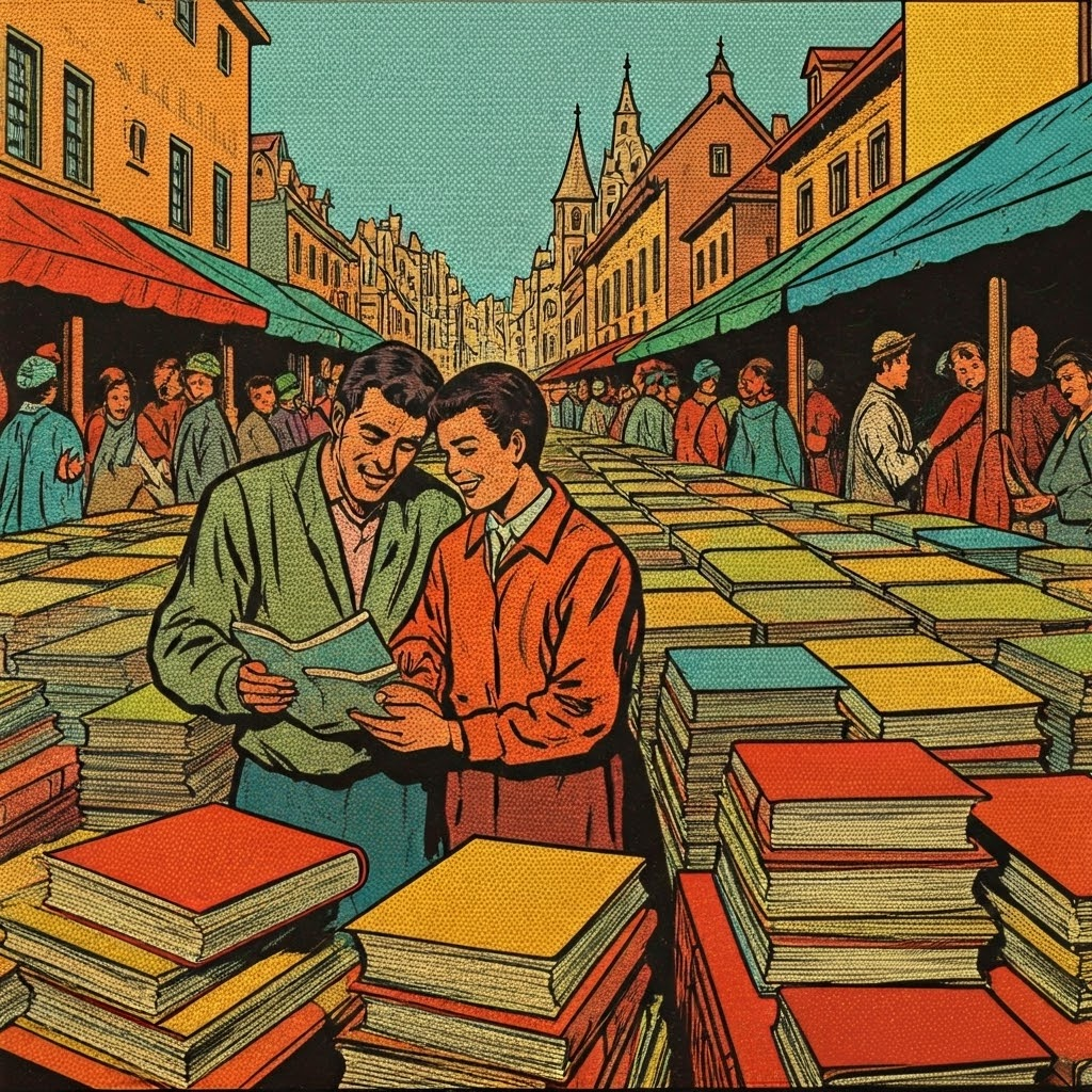 Marketplace where townspeople eagerly buy bright stacks of identical printed books