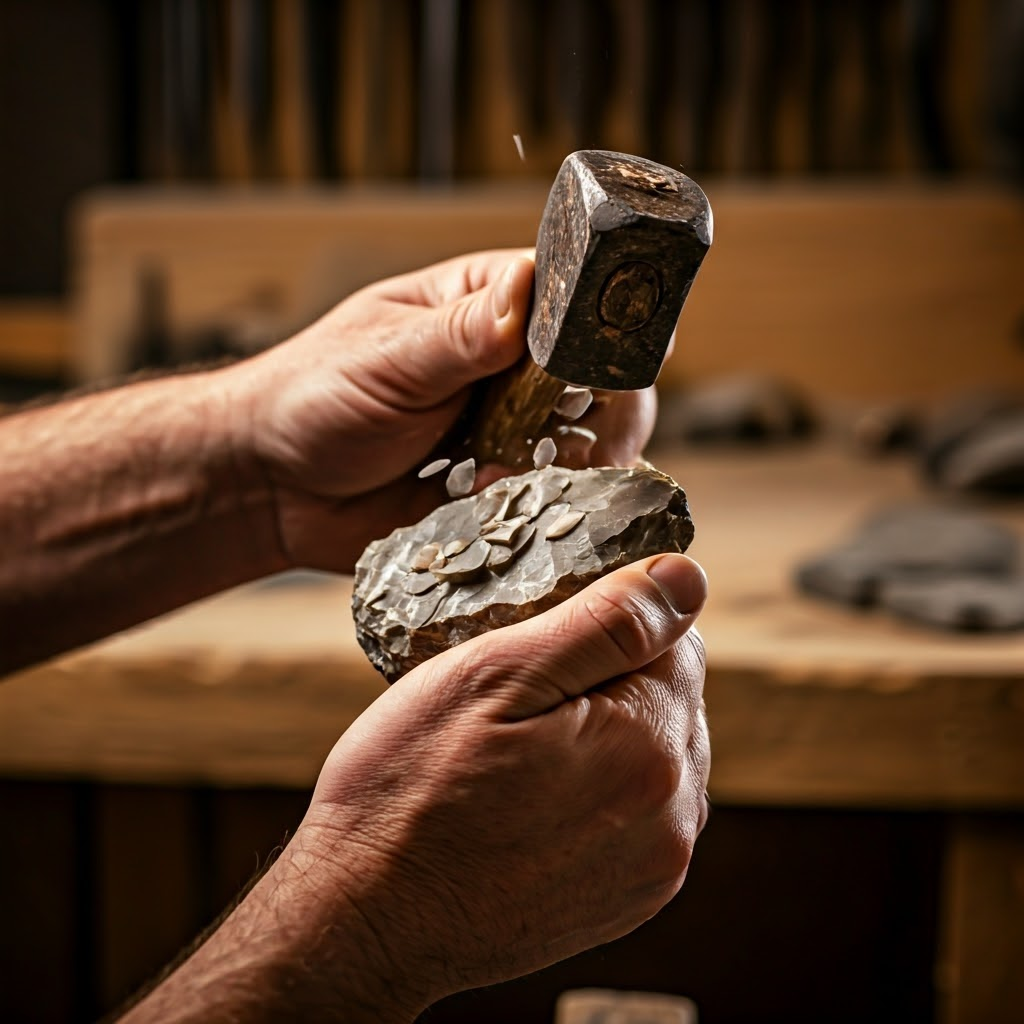 Hands mid-strike on flint core, tiny flakes flying under warm light.