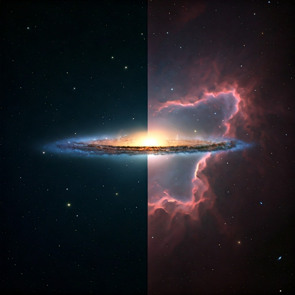 Stylized render contrasting a tiny dim dwarf galaxy with a massive bright giant elliptical, highlighting size extremes.