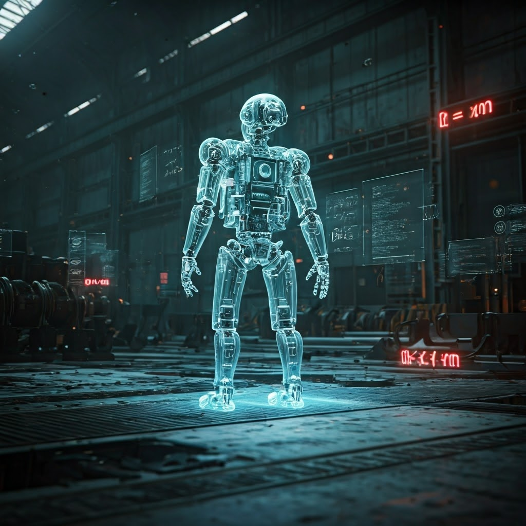 Transparent robot in a digital landscape with flickering sensor data and blank gaps hinting at uncertainty.