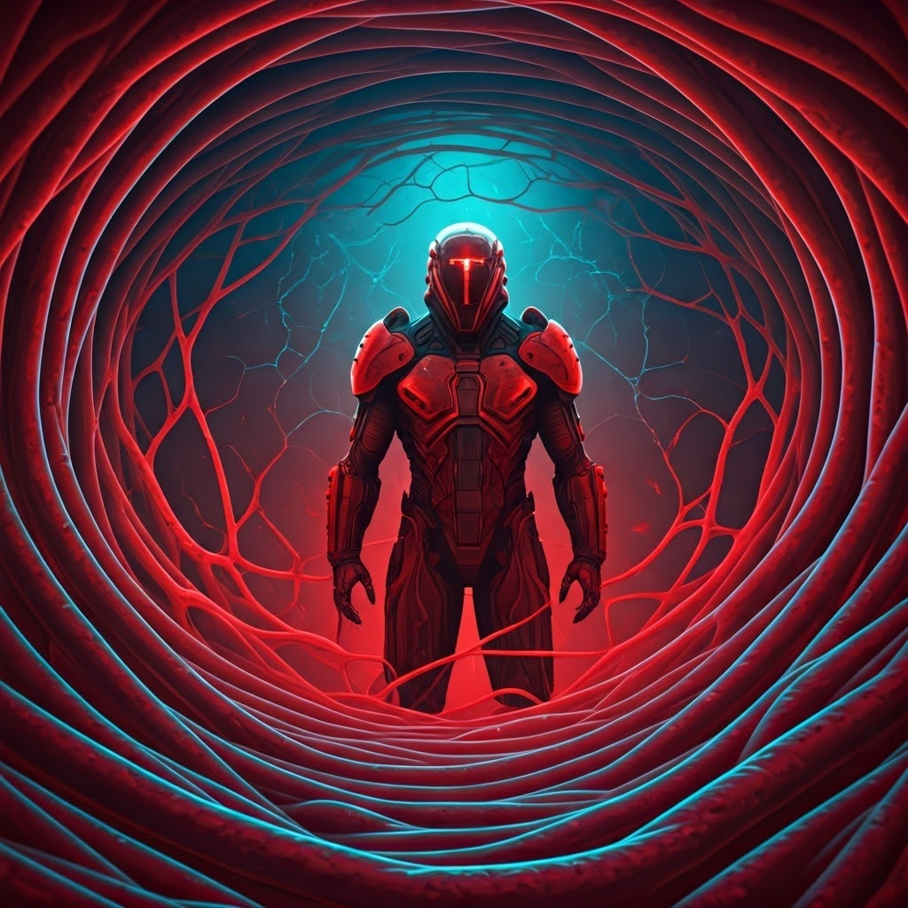 Stylized neuron standing guard among glowing blue and red synapses, suggesting the brain’s constant emotional scanning.