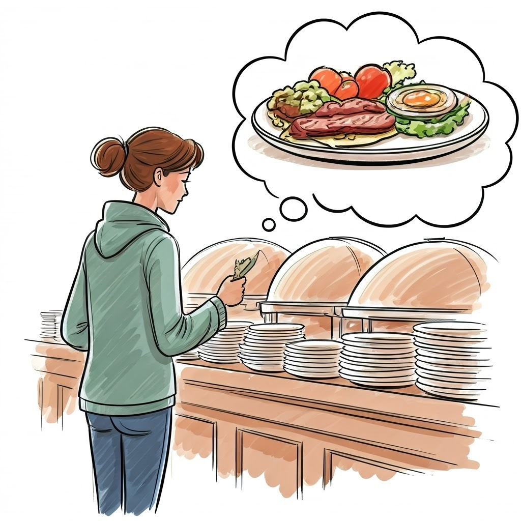 Person at buffet using hand guide while imagining a plated meal