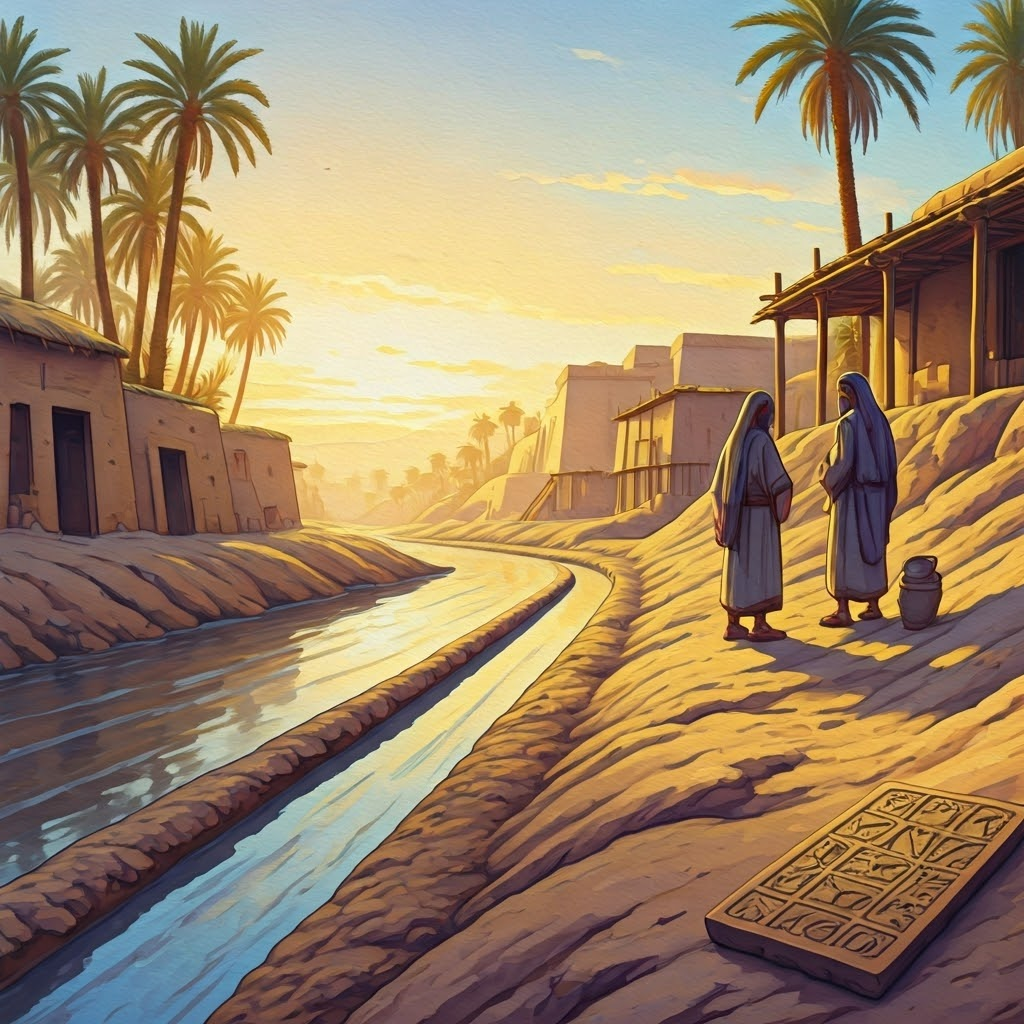 Watercolor scene of dawn on a Mesopotamian river where farmers inspect canals and study a clay tablet of water designs, capturing early irrigation efforts.