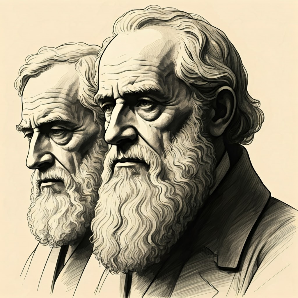 Detailed pencil sketch of philosophers in reflective poses, minimal background.