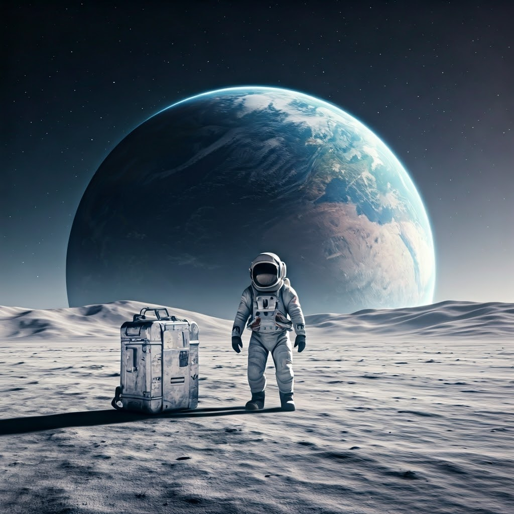 An astronaut plants a flag on a quiet lunar plain with Earth rising in the background