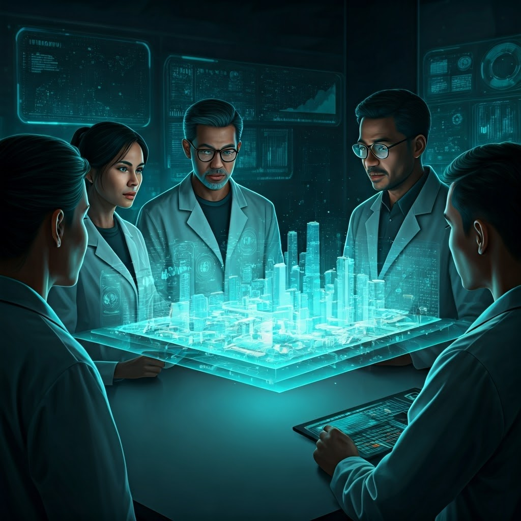 Lab scene with scientists studying a floating 3D city hologram surrounded by data charts.