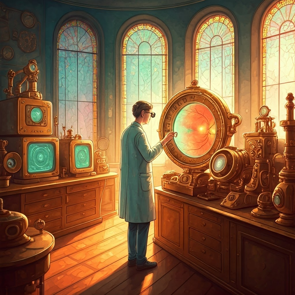 Steampunk eye clinic where an AI highlights retinal trouble on glowing fundus images.