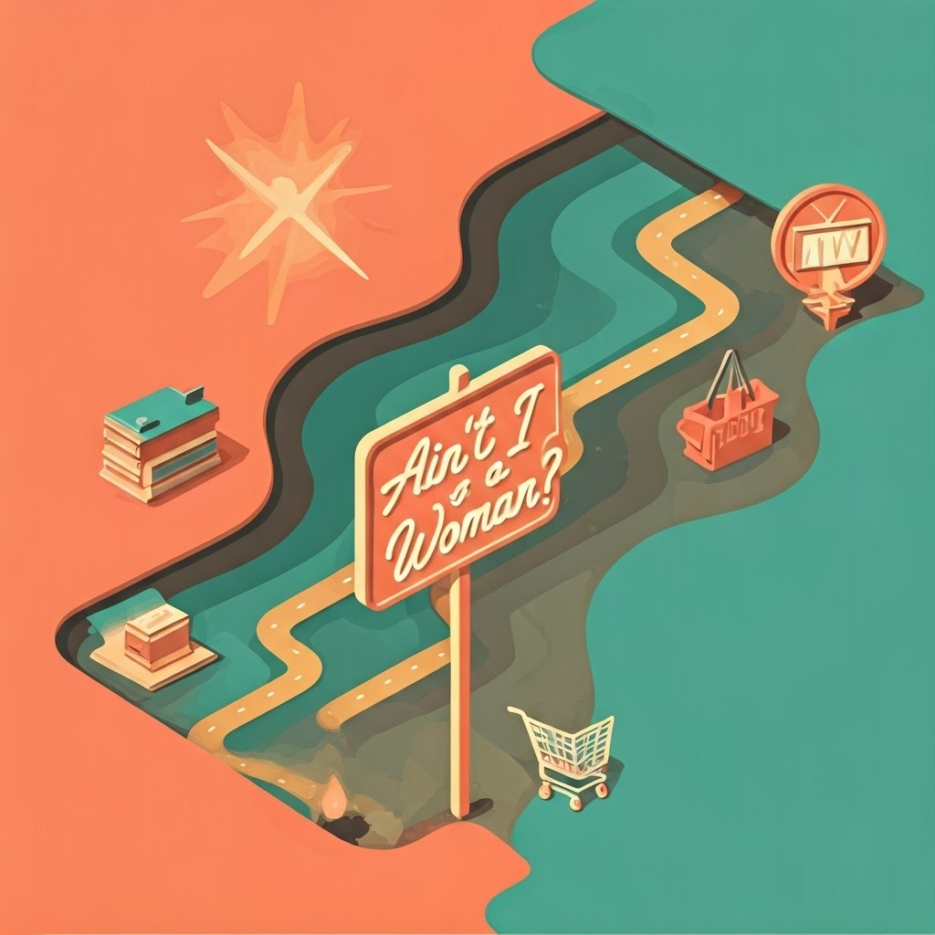 Retro-futurist map poster with a neon sign reading “Ain’t I a Woman?”—journey of intersectionality across life.