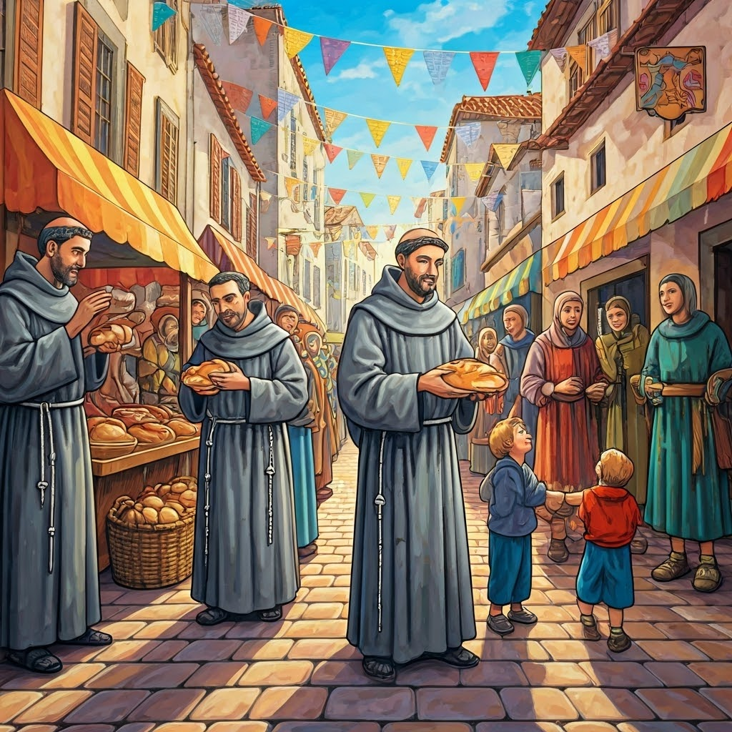 Vibrant mural-style street scene where grey-robed Franciscans share bread and aid the sick amid bustling market life, highlighting urban ministry.