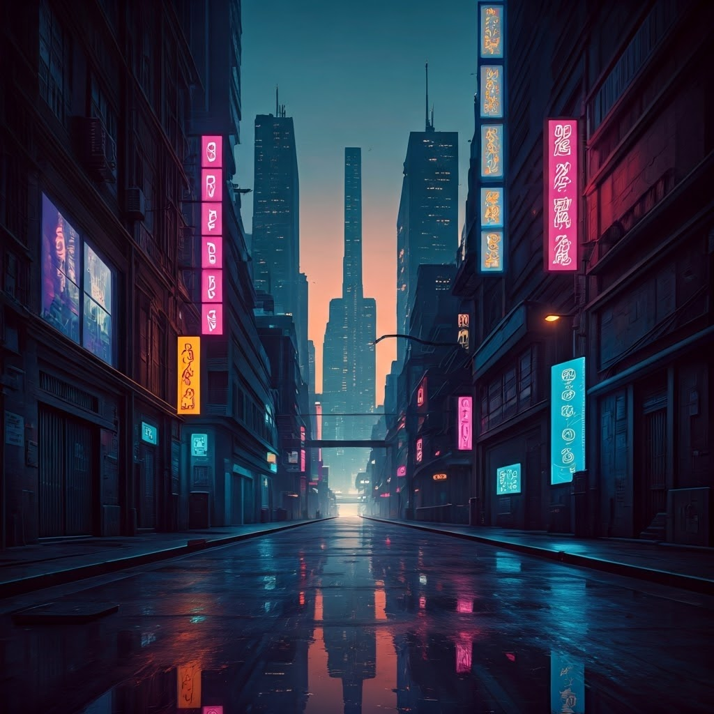 Neon cyberpunk cityscape with holographic currency symbols and data towers reflecting in rain-slicked streets