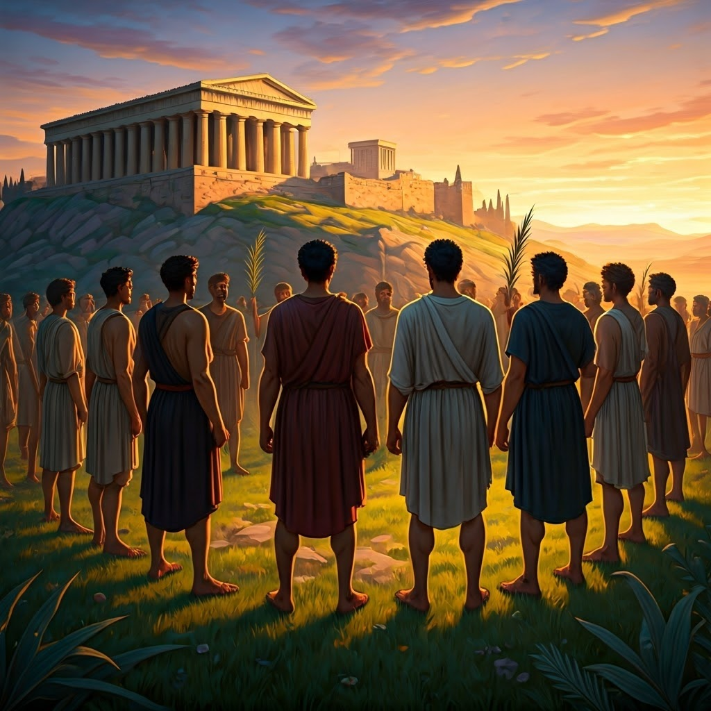 Circle of determined citizens overlooking their city at sunset, symbolizing shared identity