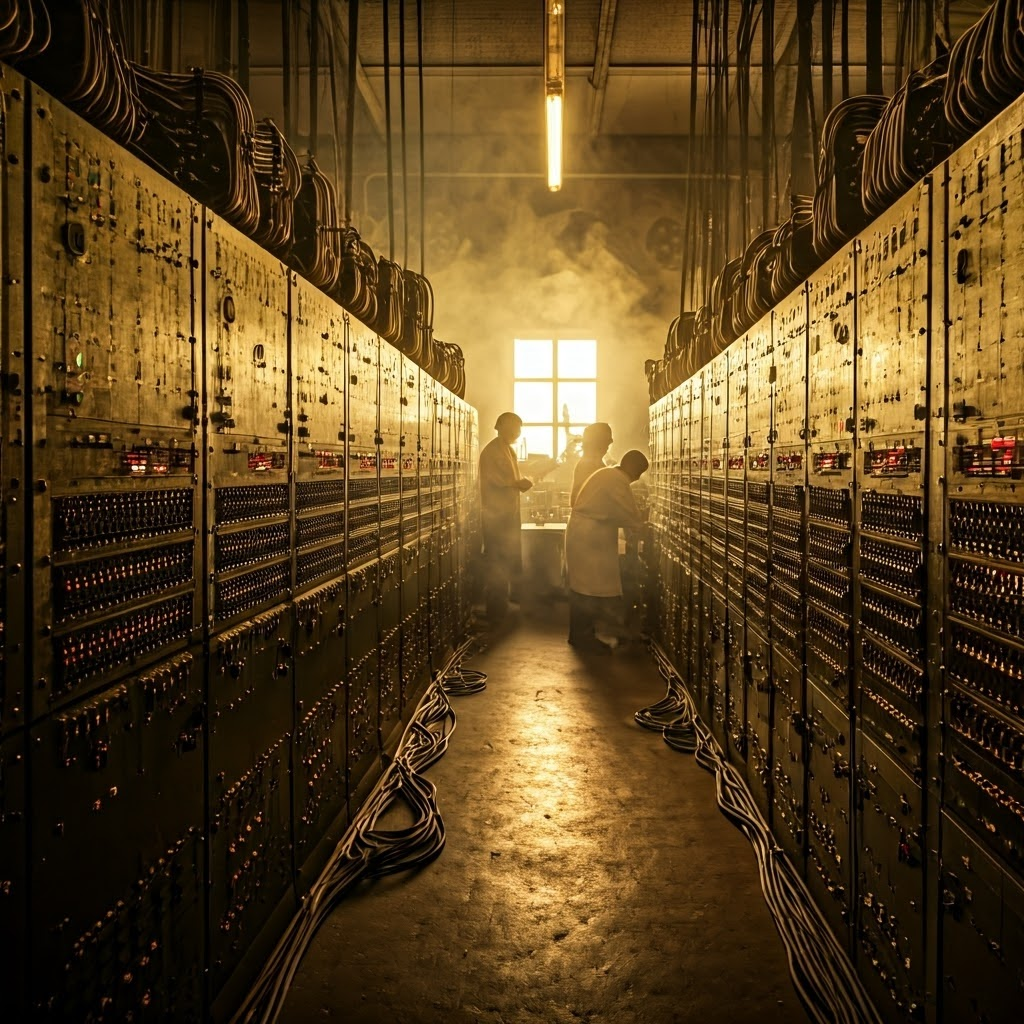 Rows of glowing vacuum tubes and tangled wires fill a 1940s computer room while technicians manage punch cards and levers, illustrating the scale of early machines.