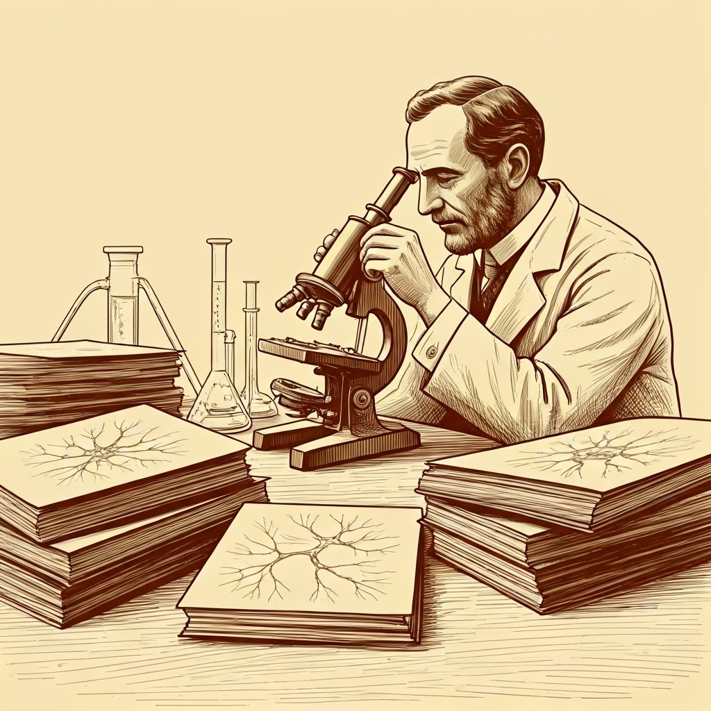 Sepia scientist with microscope and neuron sketches scattered around