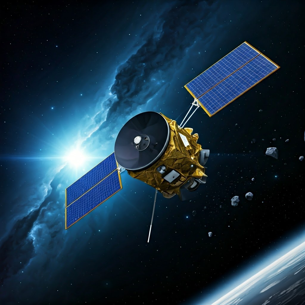 Deep-space probe near Pluto with small panels and a glowing RTG, stressing reliable long-term energy