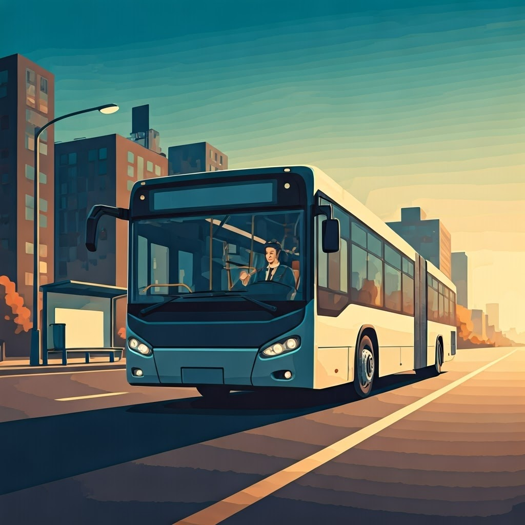 Electric bus accelerates from a city stop, motion blur highlights strong power output