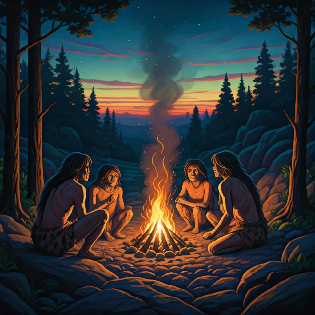 Early humans around crackling fire at dusk, sparks rising into deep blue sky.