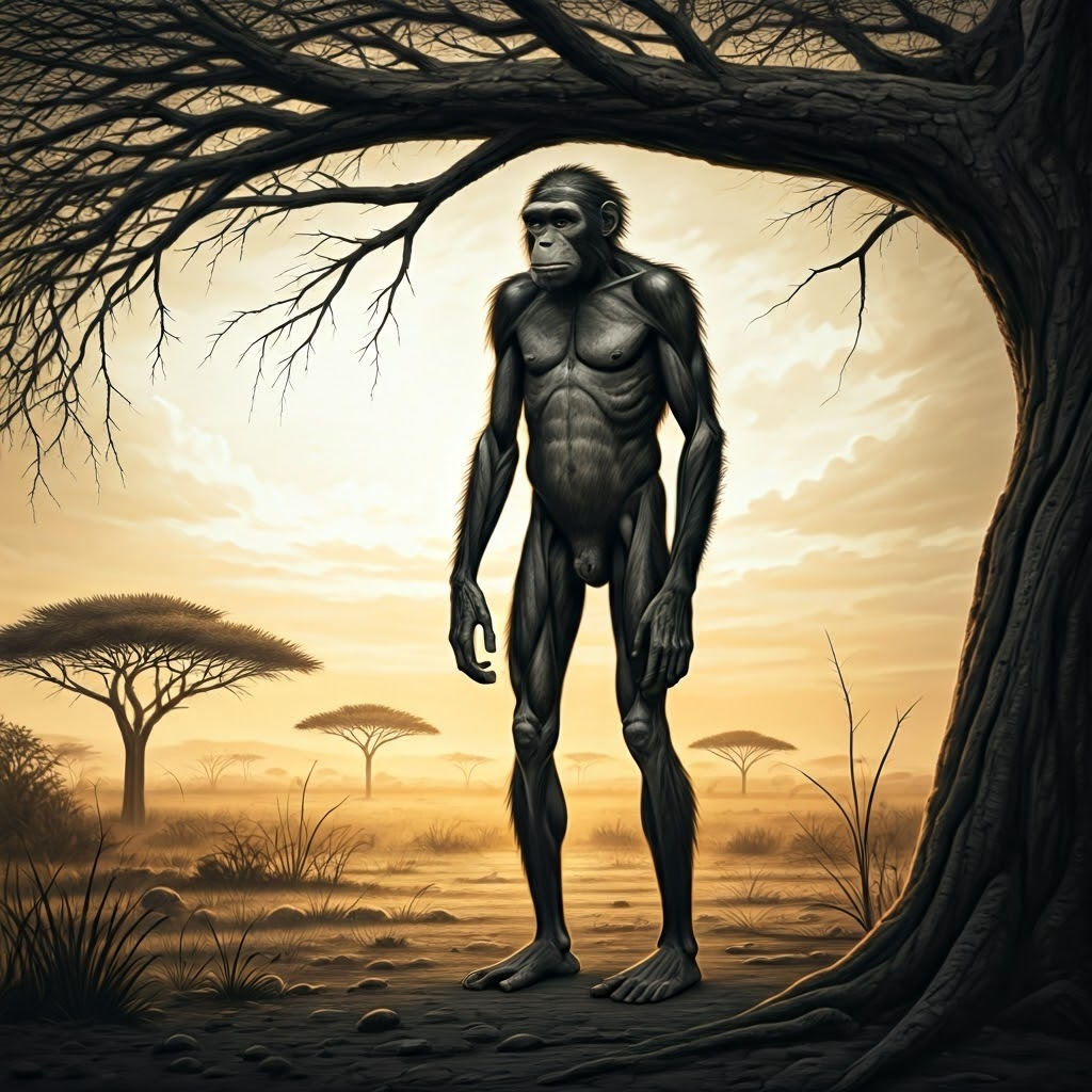 Charcoal sketch of an early upright hominin reaching for a branch in an African savanna at sunset.