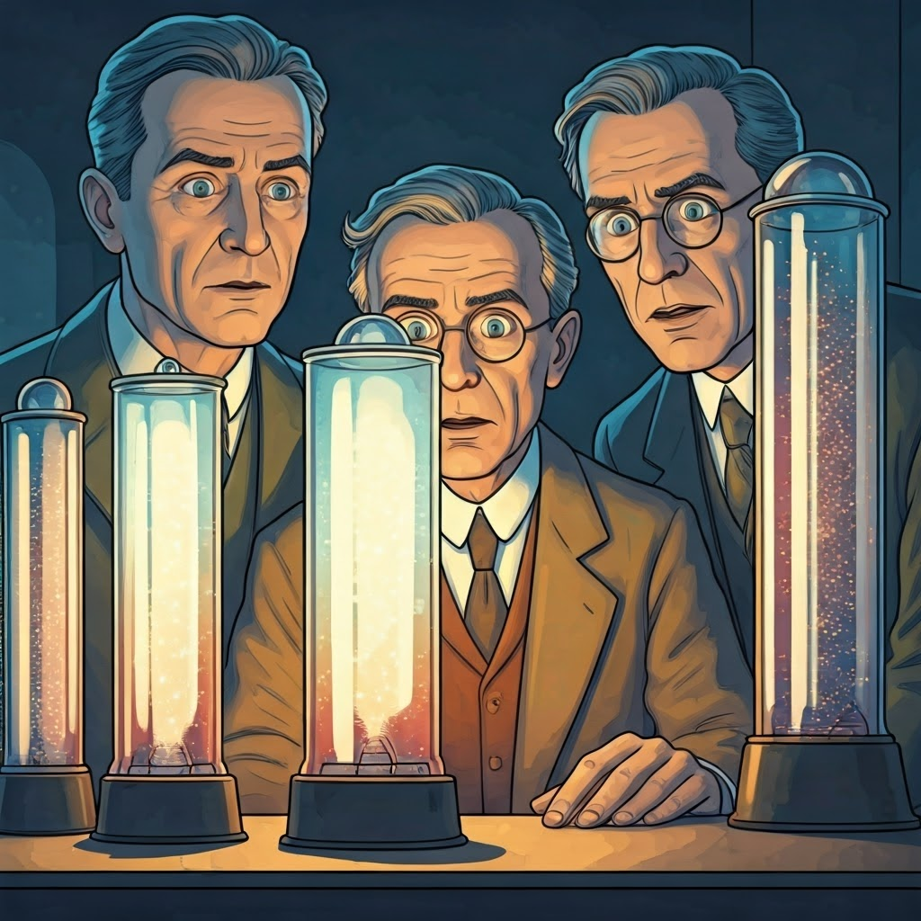 Early 20th-century scientists studying glowing tubes, faces lit with curiosity, hinting at doubt toward quantized energy