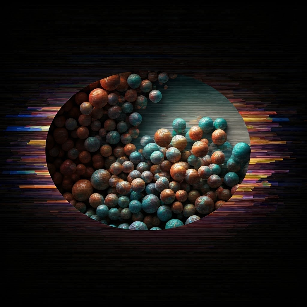 Glitch art shows a wall hit by marbles beside flickering light stripes that build a pattern one photon at a time