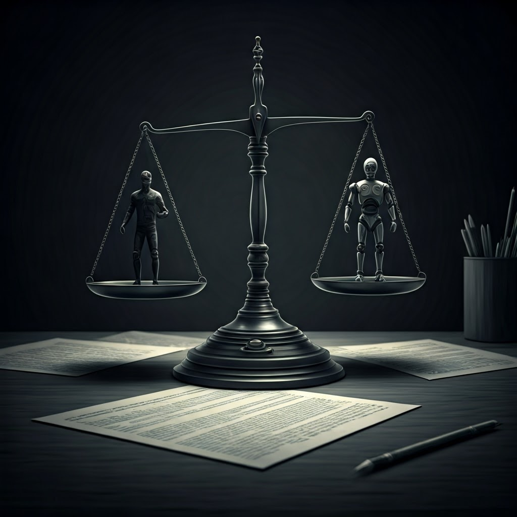 Graphite sketch of a moral scale balancing a human and a robot, highlighting ethical dilemmas