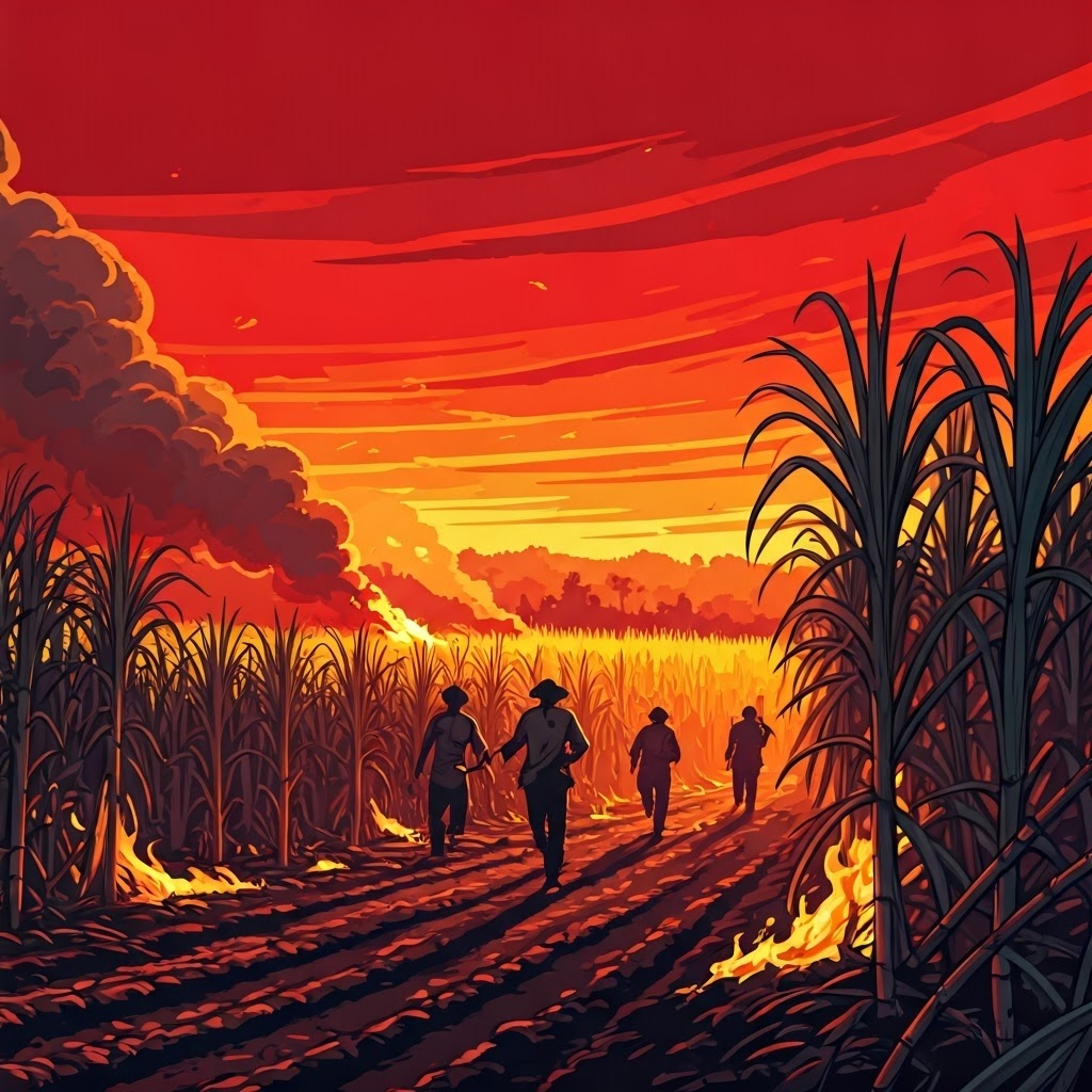 Cane fields ablaze at sunrise, rebels silhouetted against orange flames and black smoke, signaling the start of open revolt.