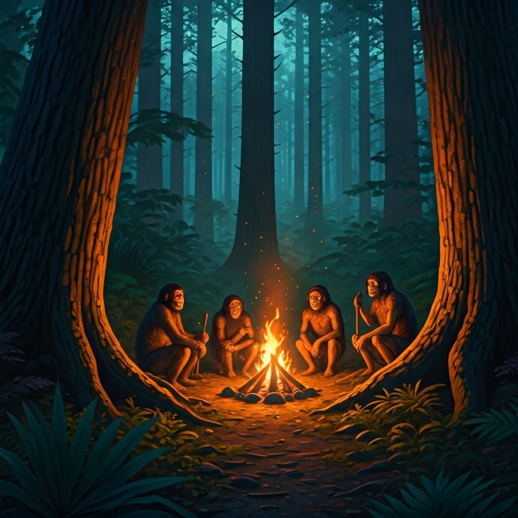 Early humans gather around a glowing campfire in a twilight forest, faces lit by warm light while tall trees cast dancing shadows