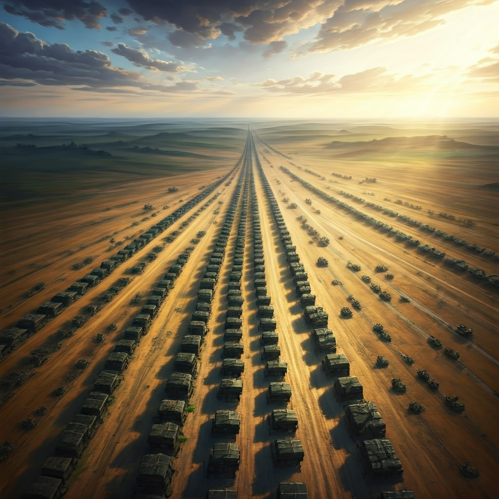 Aerial view of endless Panzer and infantry columns under golden light