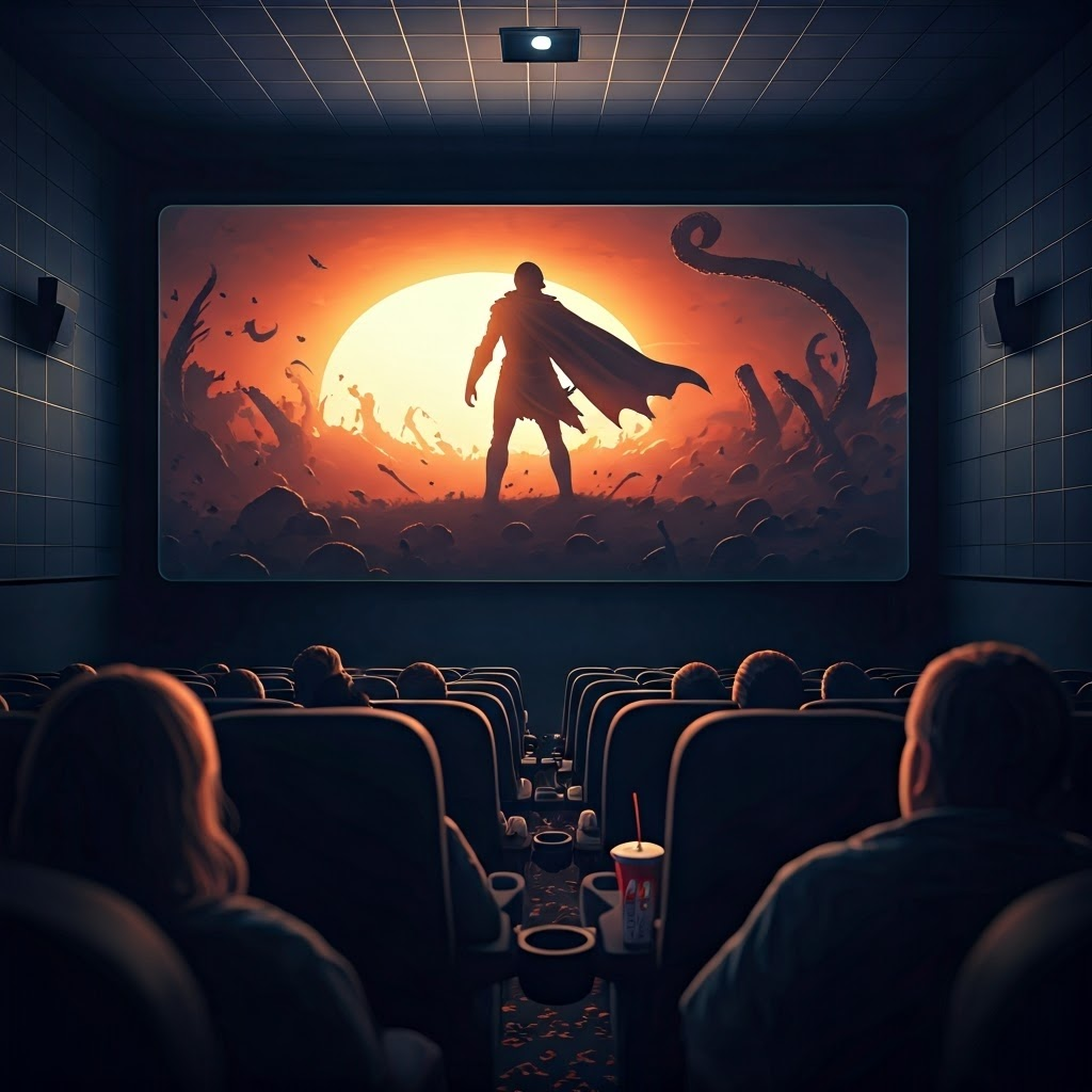 Modern cinema audience watches a caped hero face a monster, linking present stories to ancient myths
