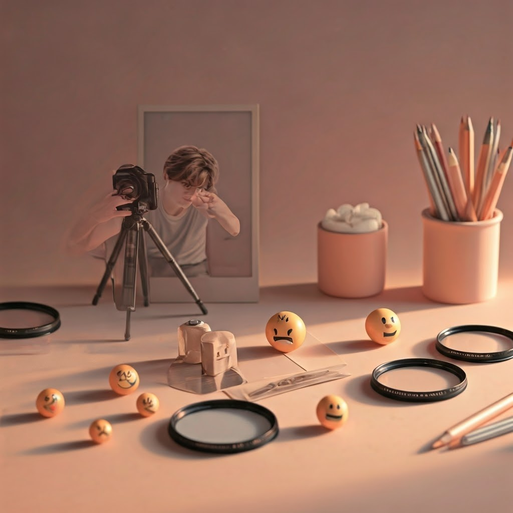 A dreamy collage of pastel-colored Polaroids and floating 3D emojis arranged in a serene desktop workspace. A figure in soft focus adjusts camera settings, surrounded by vintage lens filters scattering warm light. Style: surreal pastel collage with delicate textures, soft gradients, and whimsical elements that evoke Instagrammable aesthetics and highlight playful consistency in framing, color, and mood.