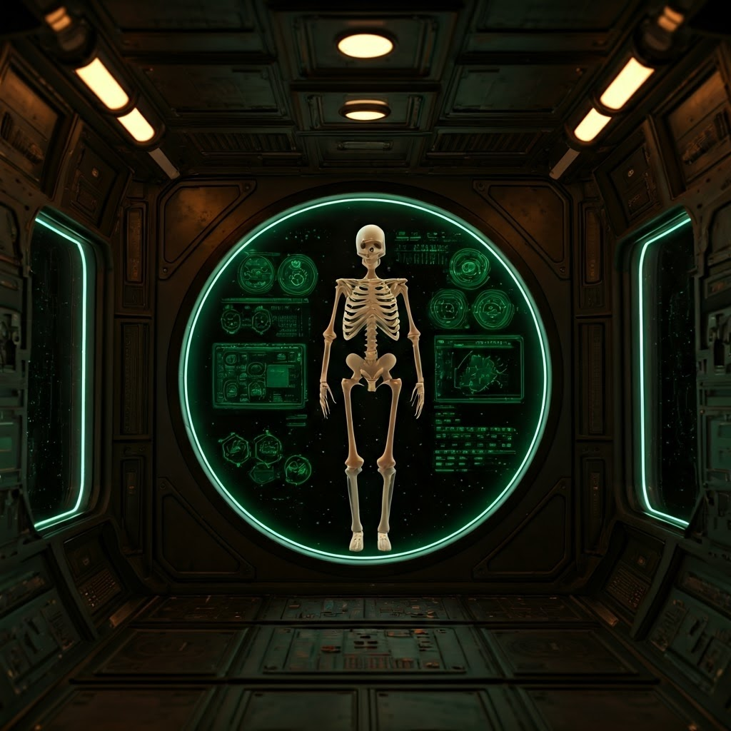 An astronaut skeleton floats in a dim space-station window, neon readouts casting green and blue light on the bones