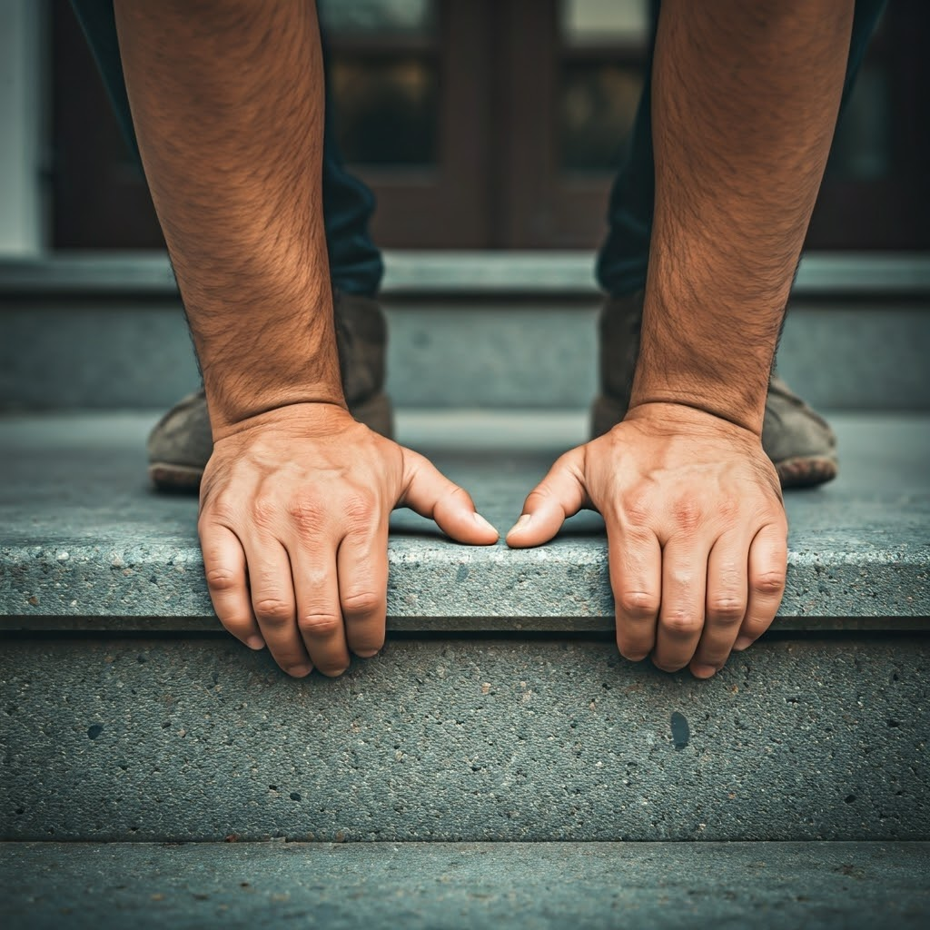 Strained hands grasp concrete stairs outside a building, capturing the struggle of an inaccessible entrance.