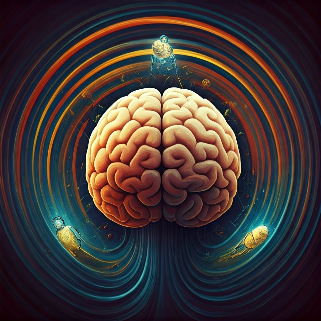 Abstract swirl of neurotransmitter characters interacting inside brain-shaped vortex, depicting balanced creative chemistry.