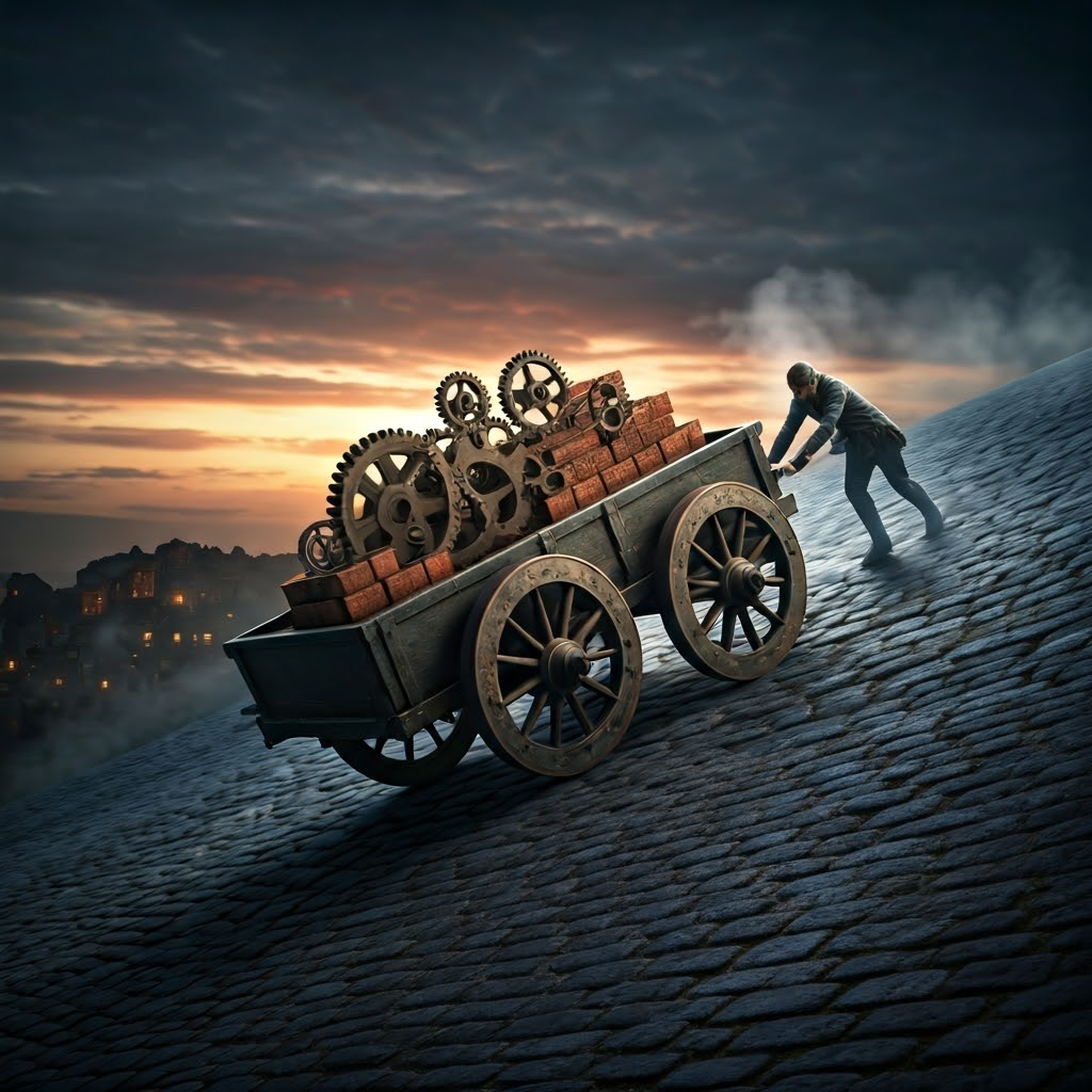 Steampunk cart packed with gears struggling up a cobbled hill.