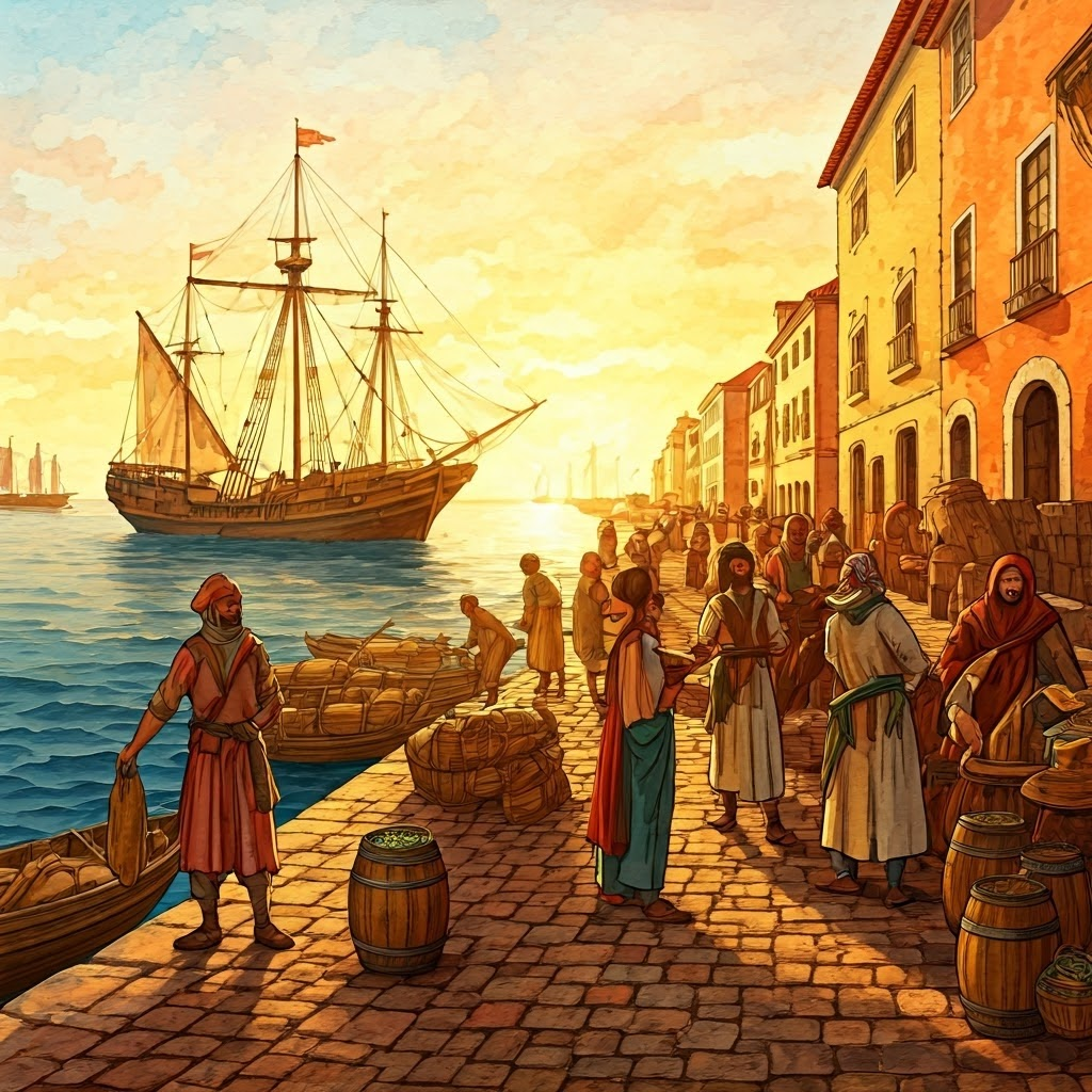Sunlit 15th-century Lisbon docks alive with sailors, merchants, and ships unloading cod and olive oil, capturing the city’s multilingual trade hub