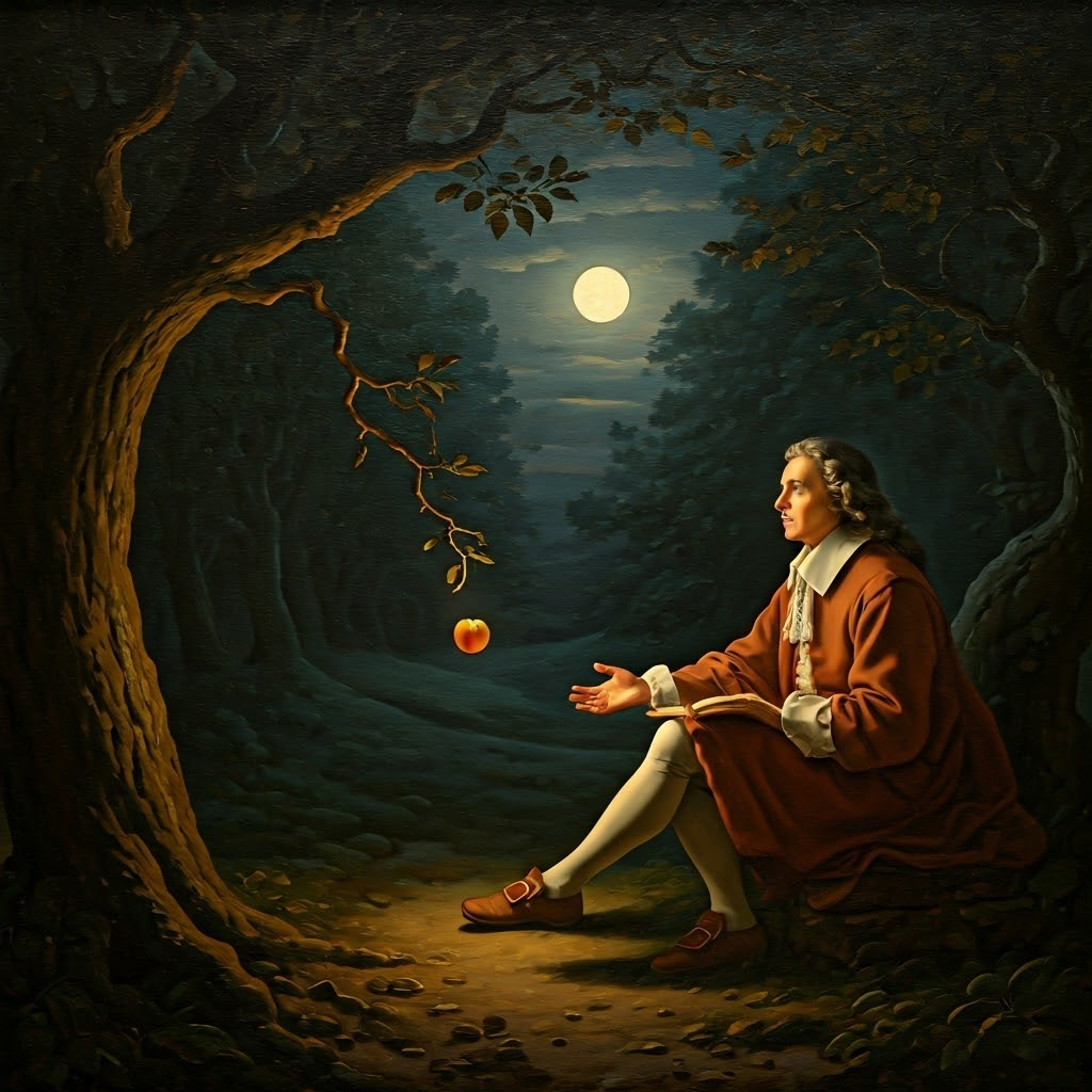An apple falls toward a thinking scholar, highlighting Newton’s spark of insight