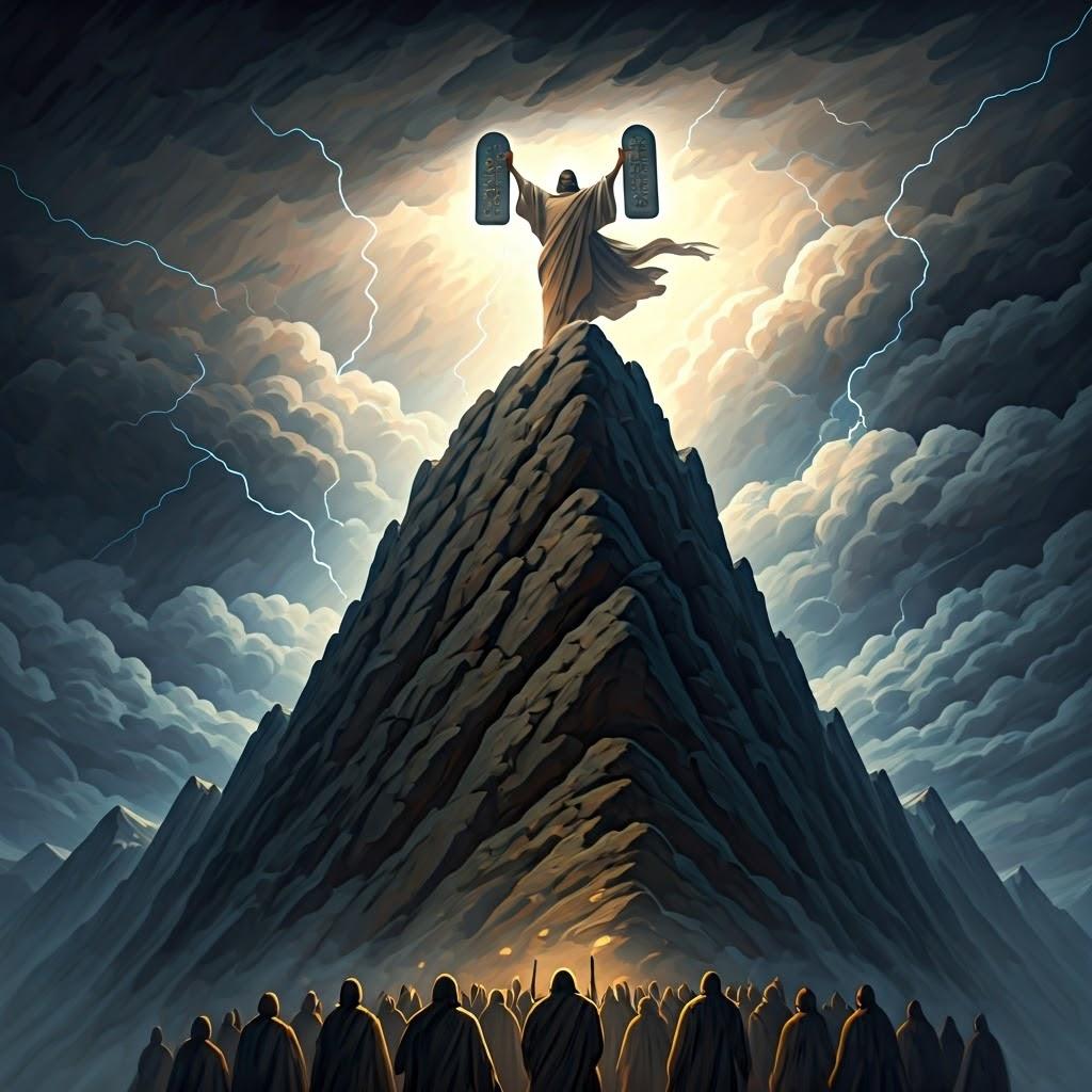 Moses lifts two stone tablets atop a stormy mountain, lightning highlighting divine law.