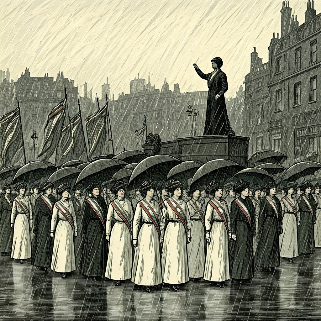 A striking vintage newspaper illustration depicting a mass march of suffragettes in early 1900s London, rows of women in white dresses under umbrellas, banners fluttering in the rain, Sojourner Truth figure speaking on a raised platform, heavy ink shading, bold headlines at top, style: early 20th-century woodblock print with stark blacks and whites, grainy texture reflecting historical press prints