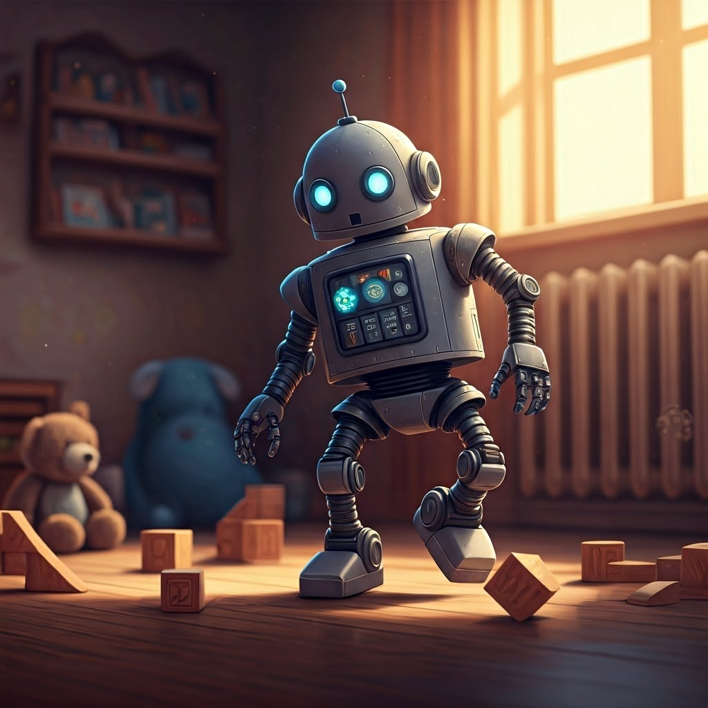 Toddler-like robot wobbling through a playroom, blocks tumbling as it learns from missteps
