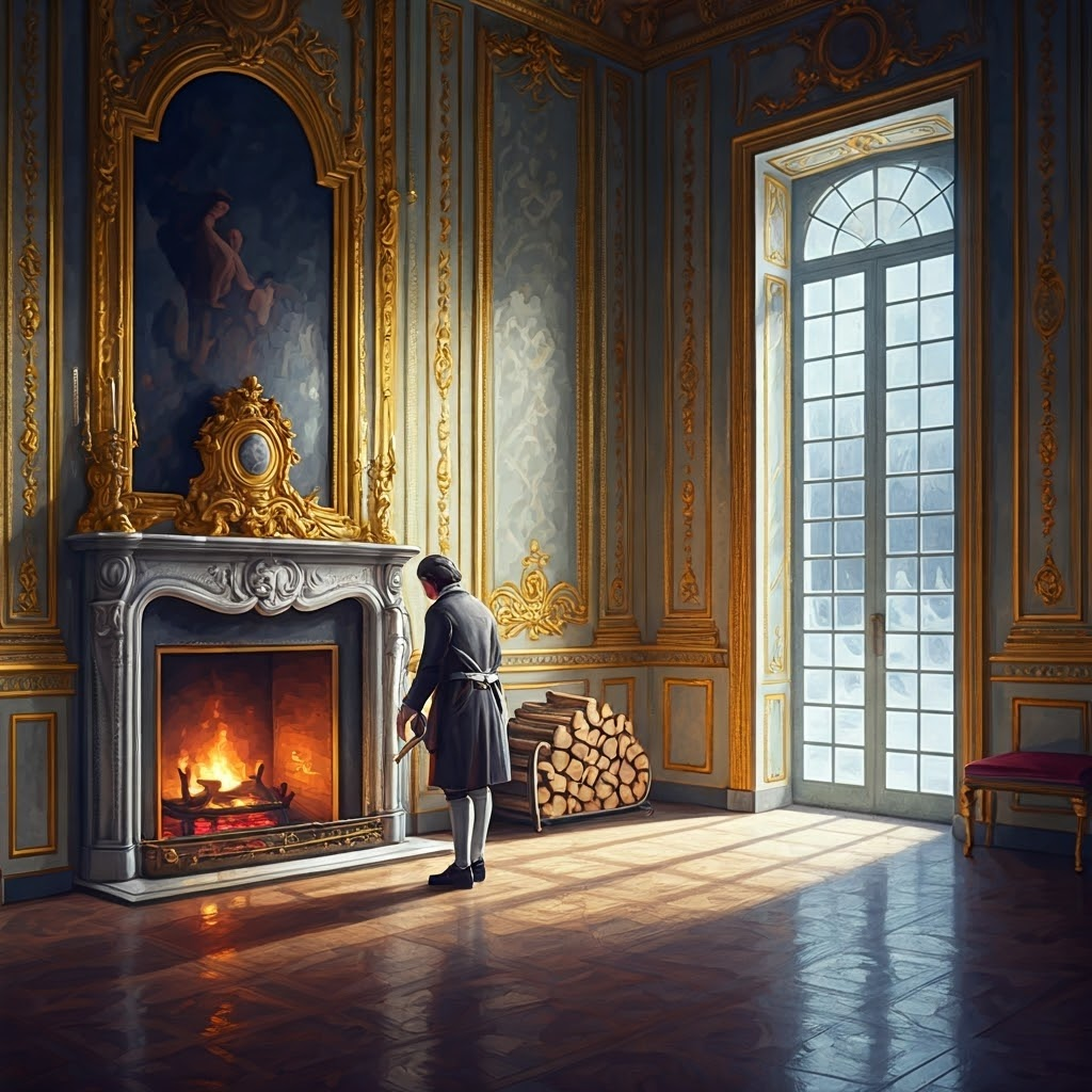 Servant in faded livery warms weak embers inside a lavish but cold Versailles corridor
