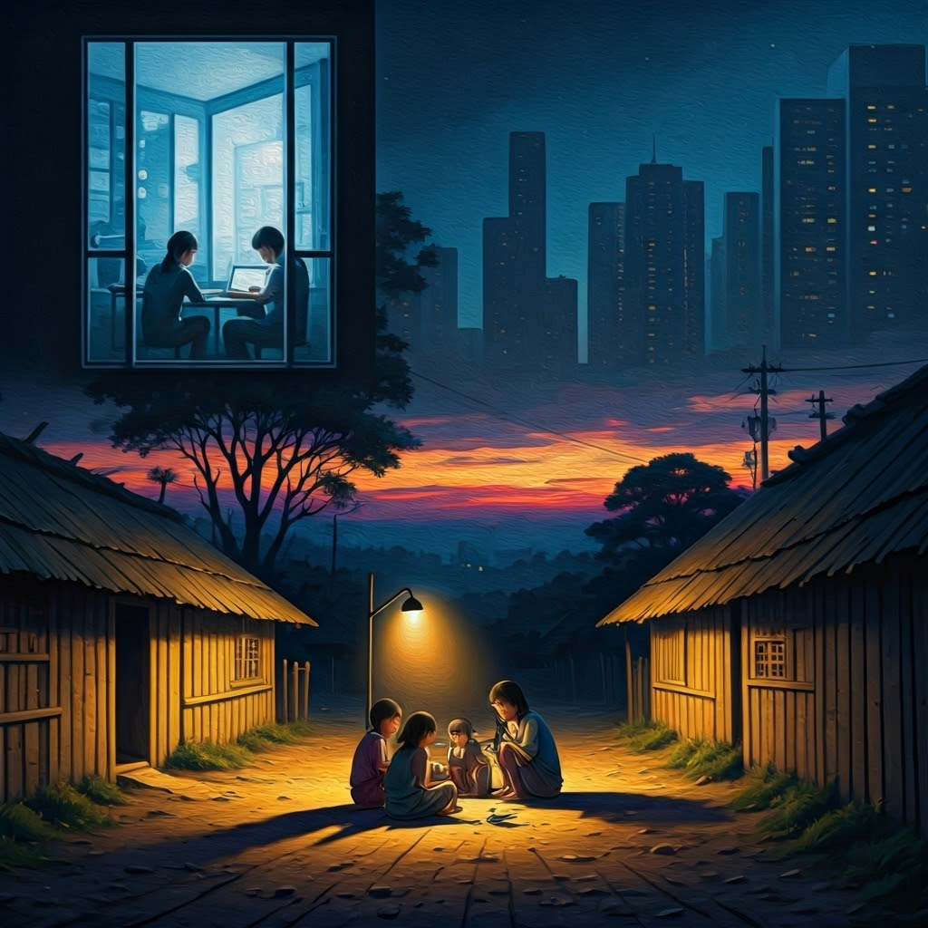 Children share one phone under a dim lamp while a distant cell tower stands out of reach.