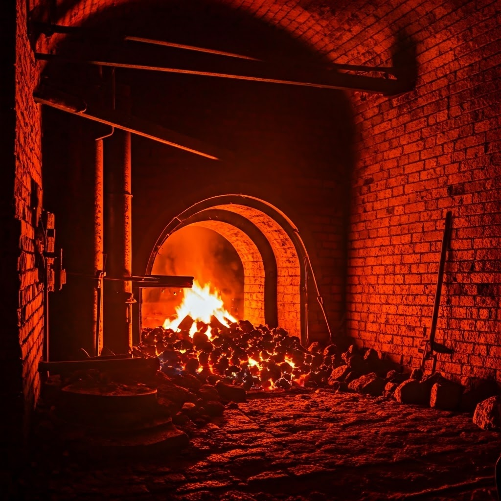 Early 18th-century blast furnace blazing with iron ore limestone and coke, showing risky experimentation that paid off.