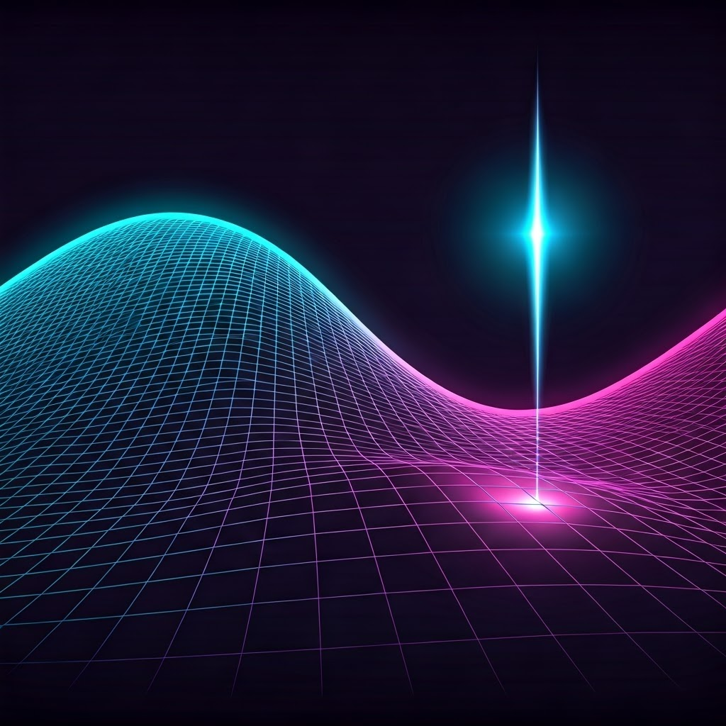 Graphic wave collapses into a single bright point, showing the sudden selection of one result.