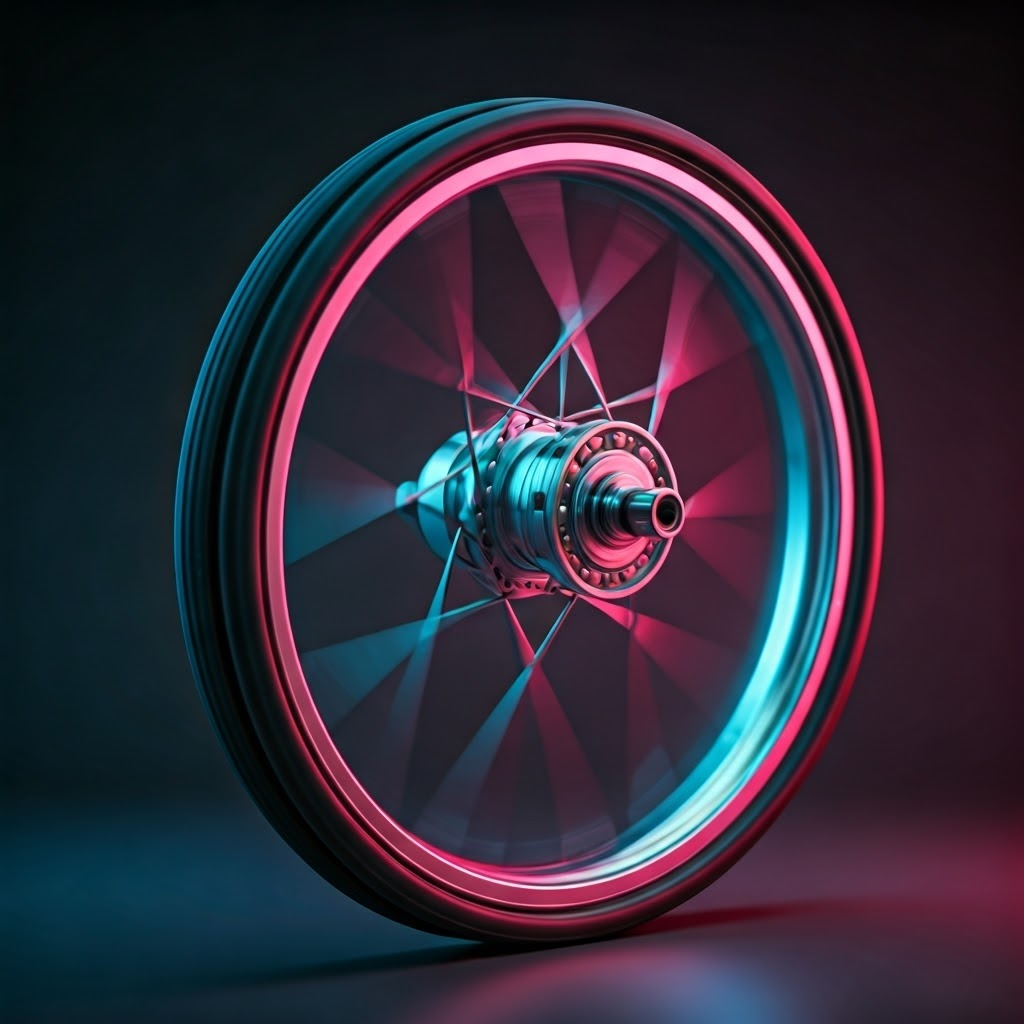 Close-up of a spinning bicycle wheel with neon trails, connecting ancient design to present technology.