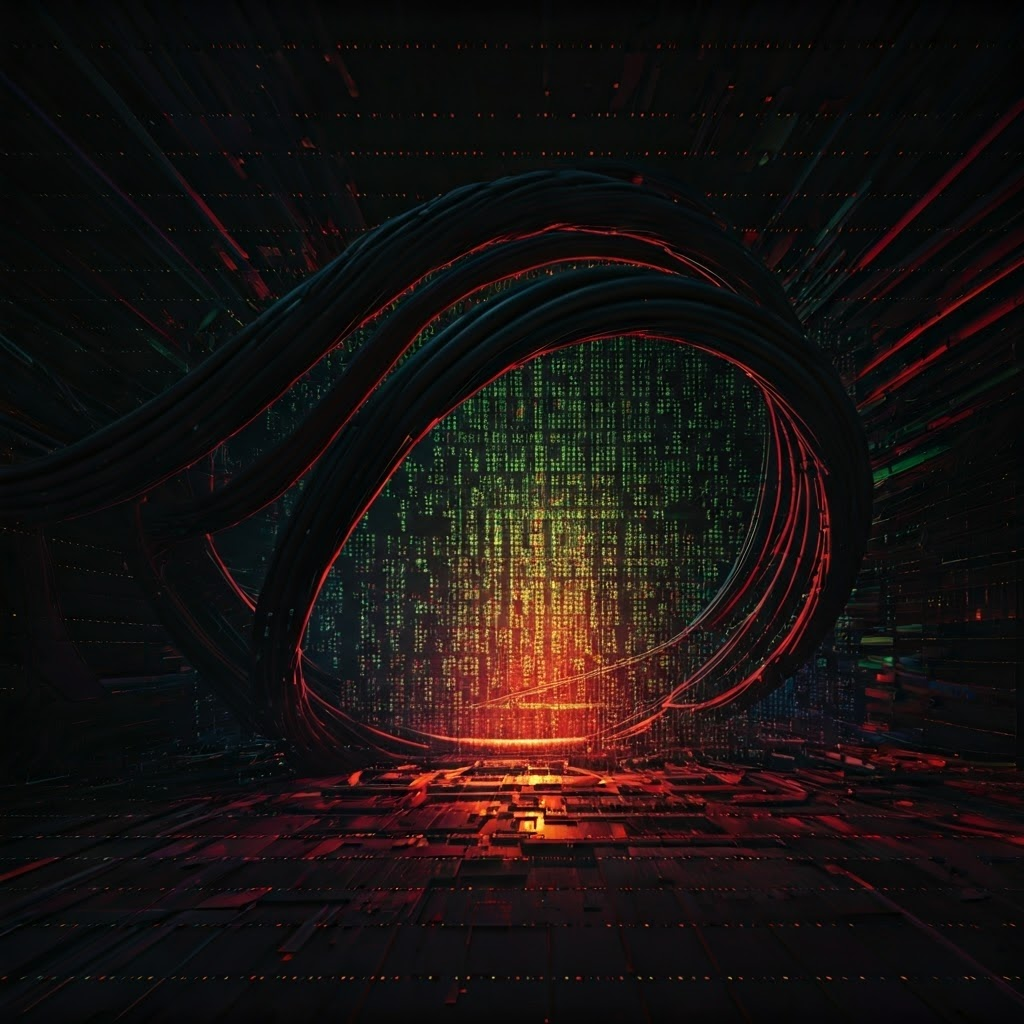 Glitch-style stream of colored bits converging on a bright error-correction grid.