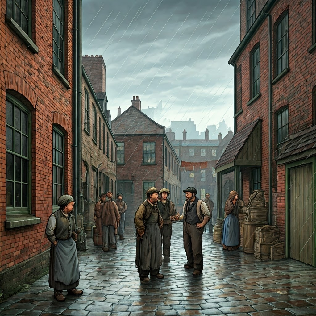 Vibrant street mural of artisans and laborers gathered in a narrow courtyard, a small solidarity banner fluttering amid patched clothing and wet cobblestones.