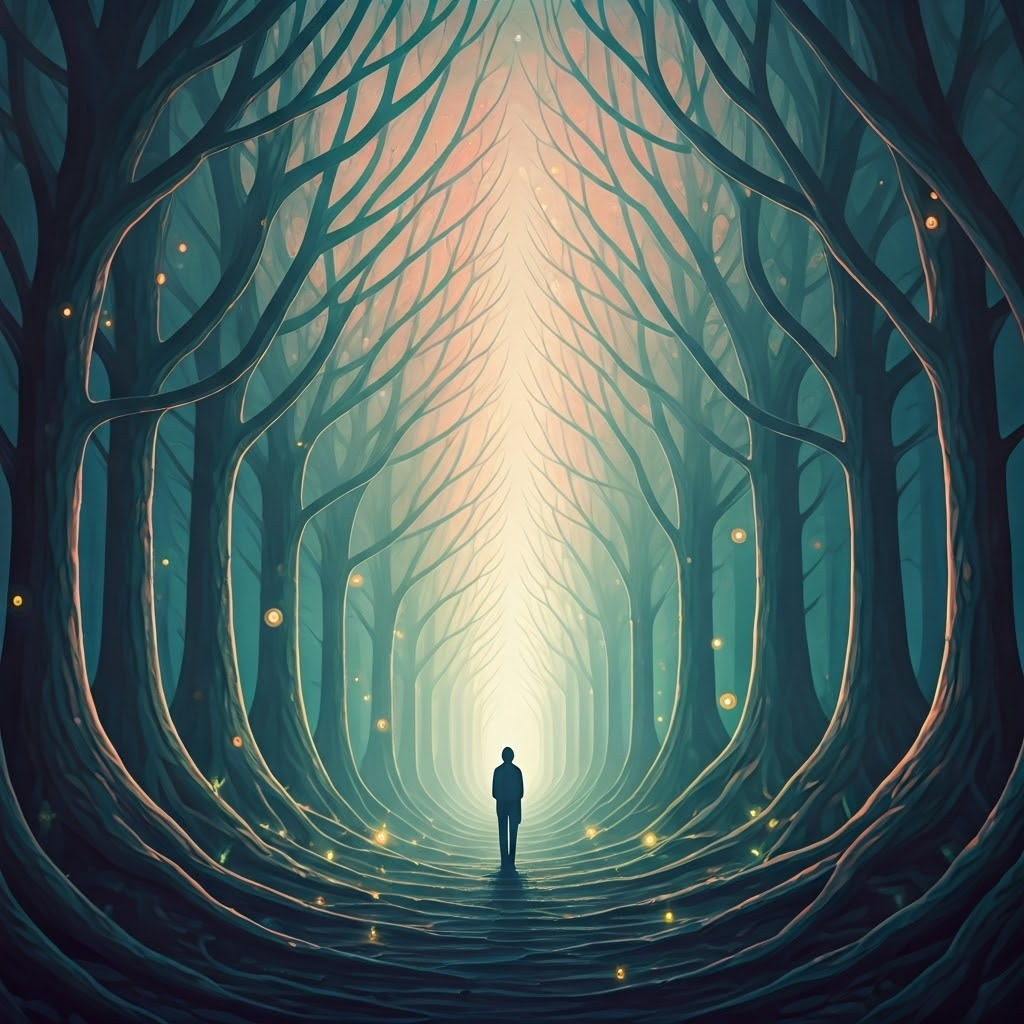 Watercolor forest scene merging neurons and glia to represent the interconnected network that sparks imagination